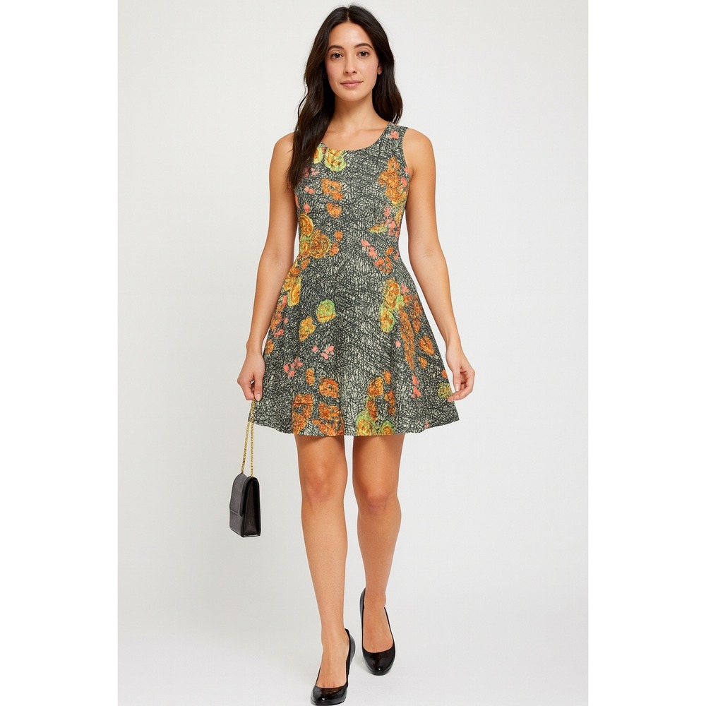 Sugarlips Floral Print Fit Flare Dress Black‎ Orange Yellow Pink Women's Size S